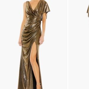Mac Duggal Metallic Draped Asymmetric Sheath Gown